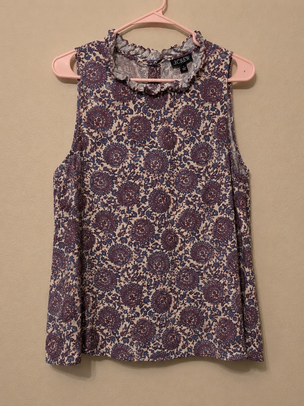 J.Crew Sleeveless Ruffled Neck Floral Medallion Top in Lavender and Cream